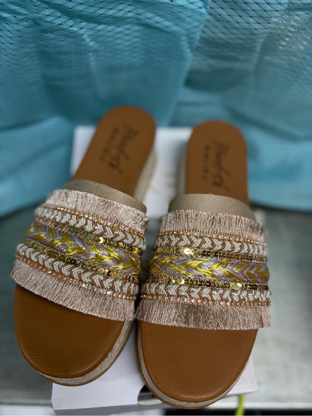 Beaded Fringe Slide Mules in Tan with Gold Accents